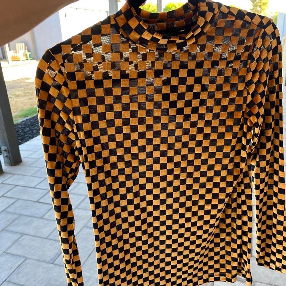 Sterling Kreeb NWT Velvet Mesh Gold Black Checkered Mock Neck Top XS